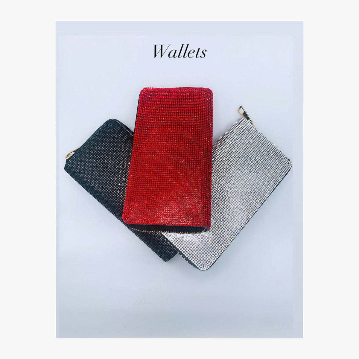 Group photo of rhinestone wallets; only the black wallet is available for purchase