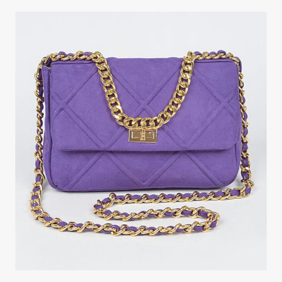 Purple suede-style quilted flap handbag with gold-tone chain strap and clasp
