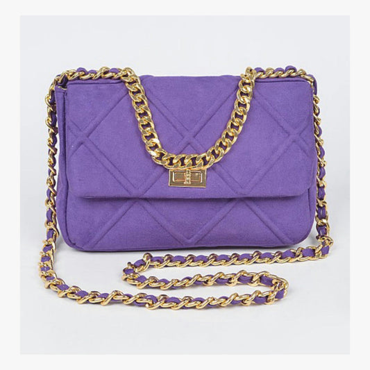 Purple suede-style quilted flap handbag with gold-tone chain strap and clasp
