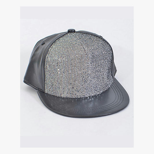 Black faux leather rhinestone cap with silver front panel on white background