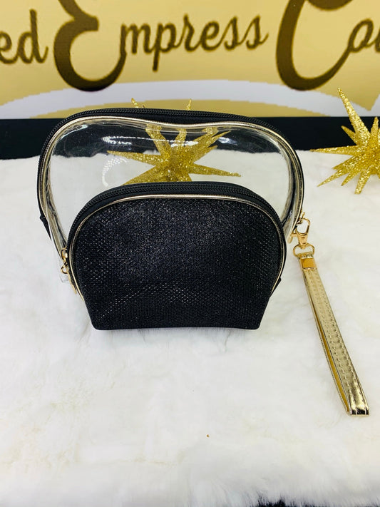 Black clear toiletry bag and glitter wristlet set