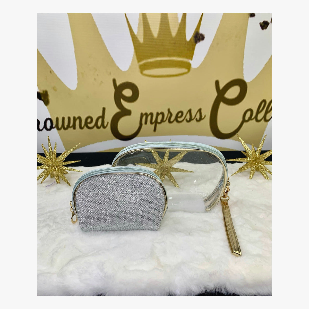 Silver clear toiletry bag and glitter wristlet set