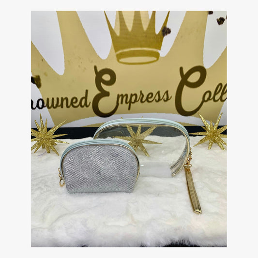 Silver clear toiletry bag and glitter wristlet set