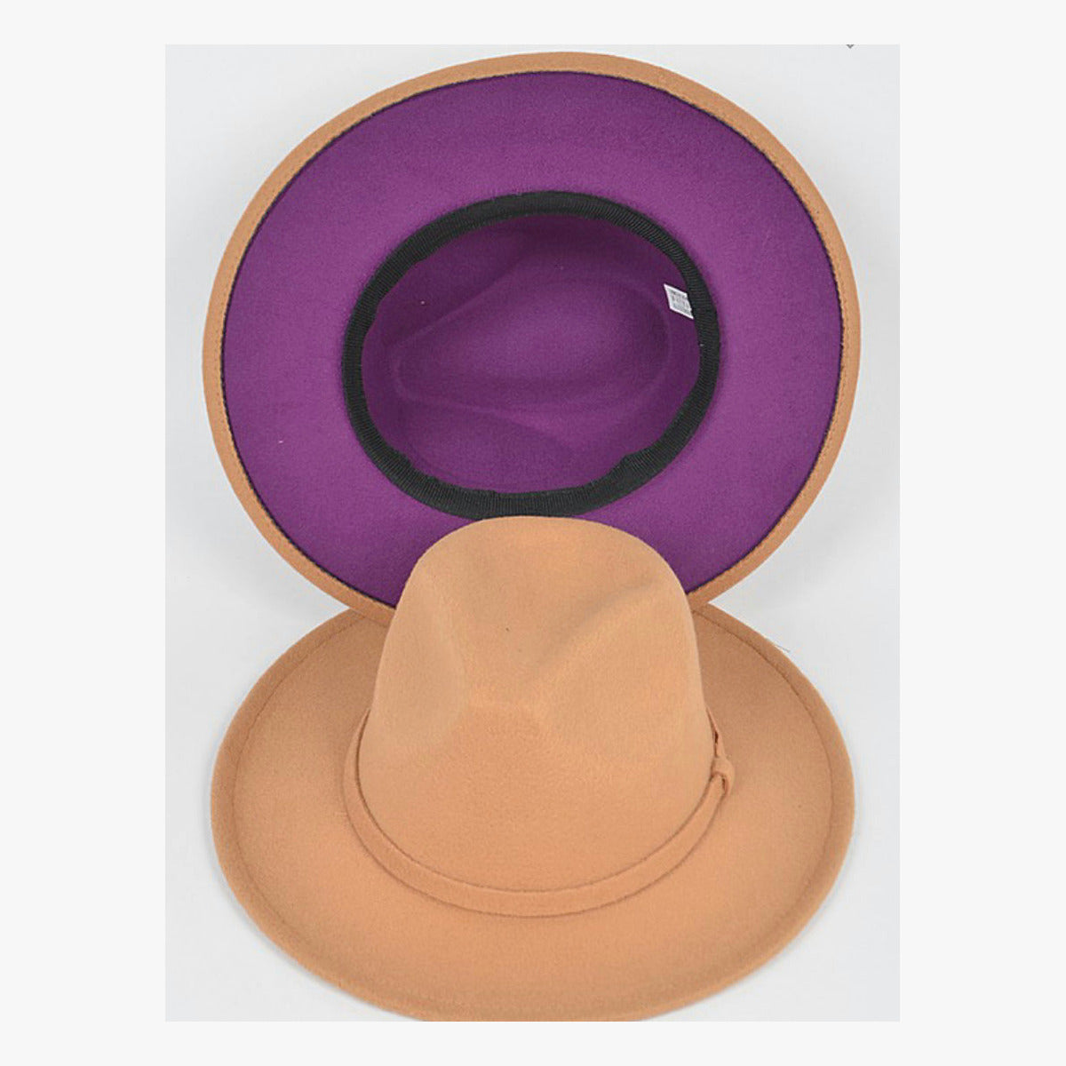 Beige fedora with purple interior, shown from above and below