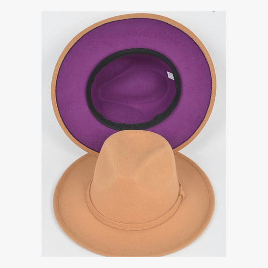 Beige fedora with purple interior, shown from above and below