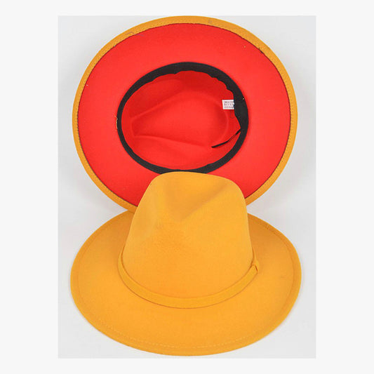 Yellow fedora with red interior, shown from above and below