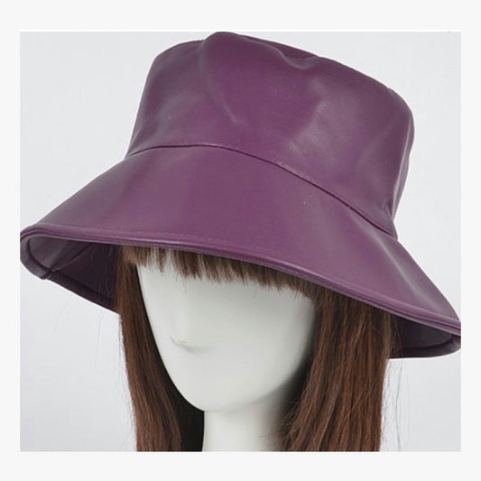Purple faux leather bucket hat on mannequin