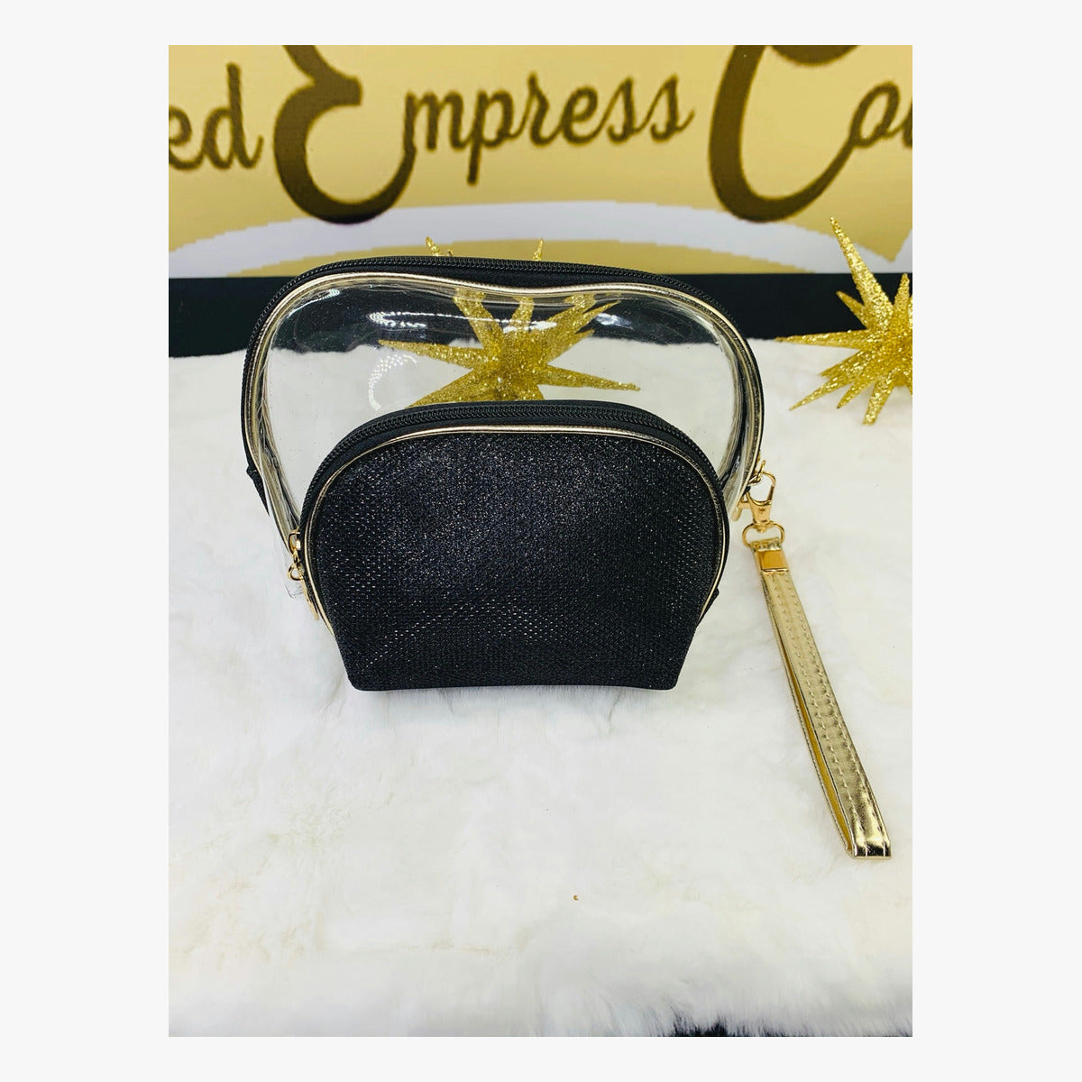 Black clear toiletry bag and glitter wristlet set