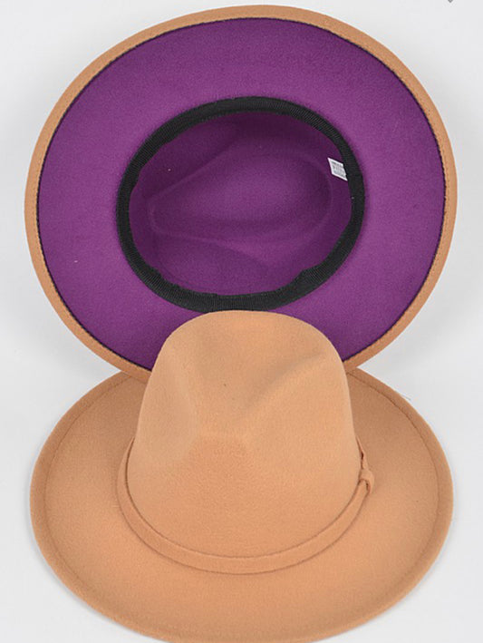 Beige fedora with purple interior, shown from above and below