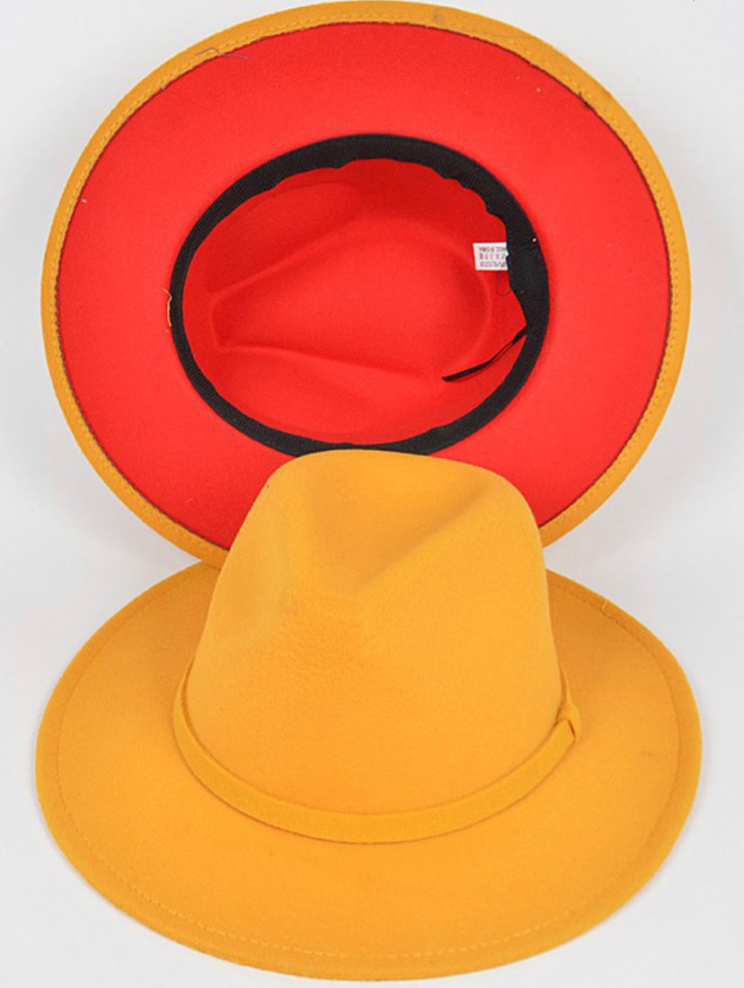 Yellow fedora with red interior, shown from above and below