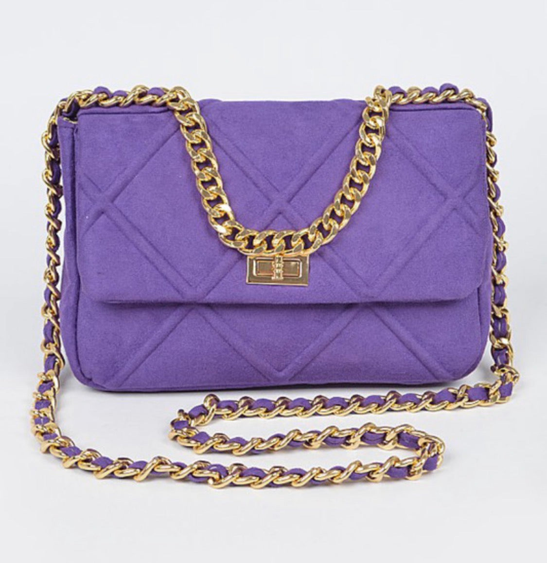 Purple suede-style quilted flap handbag with gold-tone chain strap and clasp