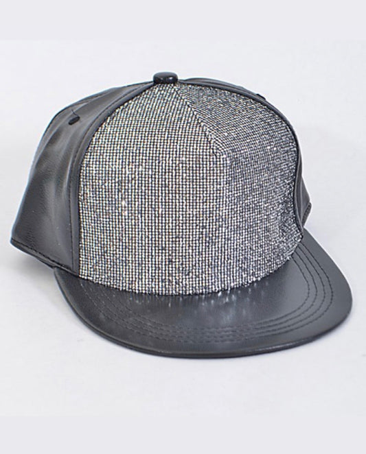 Black faux leather rhinestone cap with silver front panel on white background