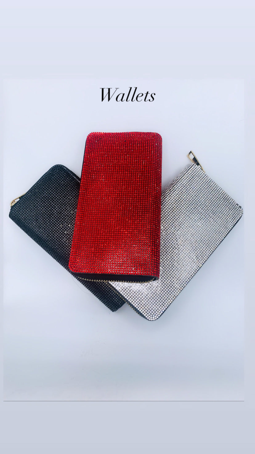 Group photo of rhinestone wallets; only the black wallet is available for purchase