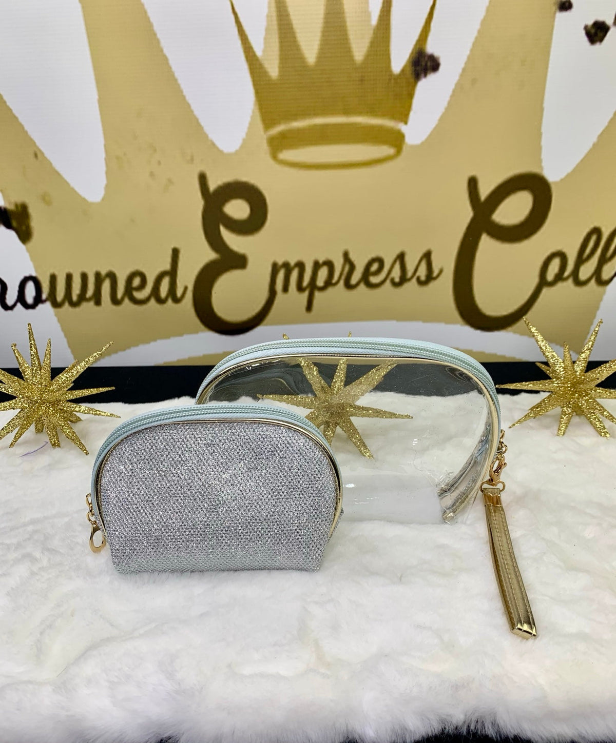 Silver clear toiletry bag and glitter wristlet set
